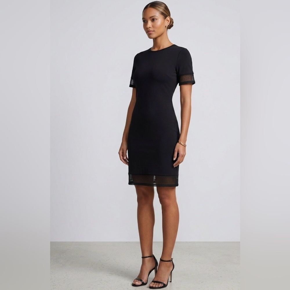 NWOT Michael Kors Black Short-Sleeve Midi Shift Dress with Mesh Trim